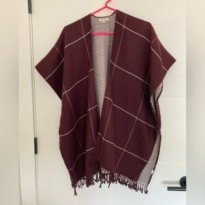 Burgundy Plaid Poncho with Fringe XS/S